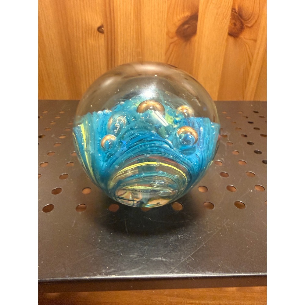 Dynasty Gallery Art Glass Paperweight Blue Yellow Swirl Bubbles 3" Collectible